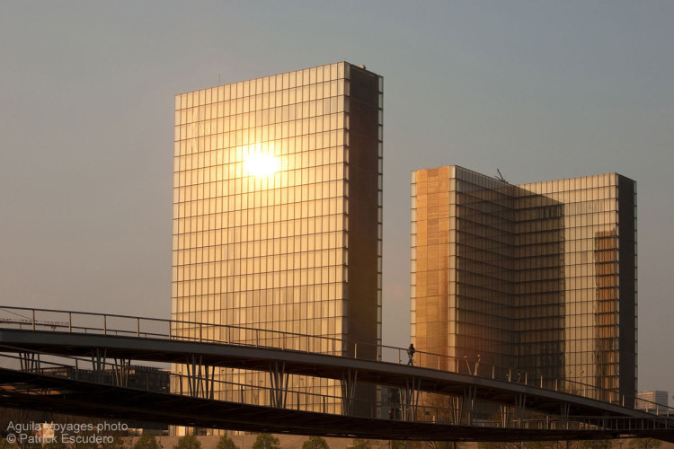 France, Paris (75),  la Bibliothèque Nationale de France (BNF) par l'architecte Dominique Perrault  et la passerelle Simone de Beauvoir de l'architecte Dietmar Feichtinger // France, Paris (75), Bibliothèque Nationale de France (BNF) by the architect Dominique Perrault and Passerelle Simone de Beauvoir pedestrian footbridge over the river Seine by the architect Dietmar Feichtinger